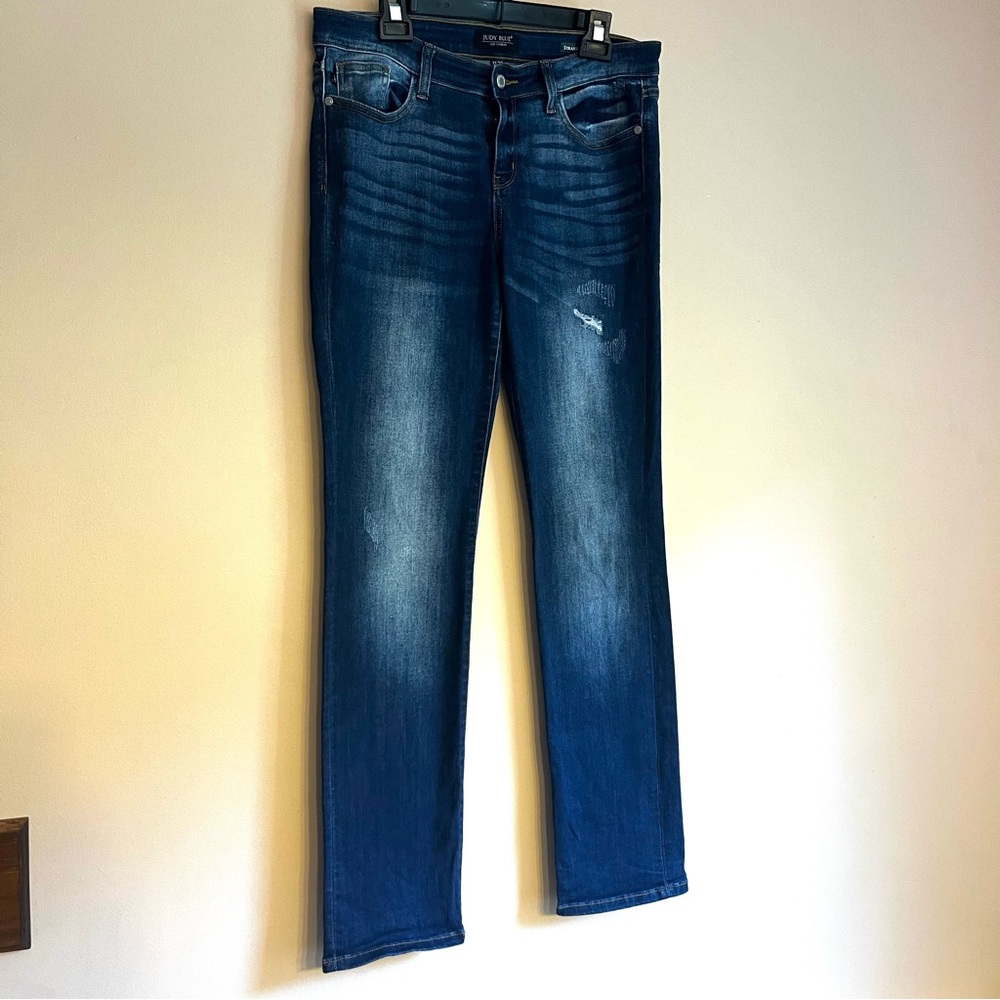 Judy Blue Women's Midrise Dark Wash Straight Fit Jeans Distressed 90's Y2K - Picture 2 of 11